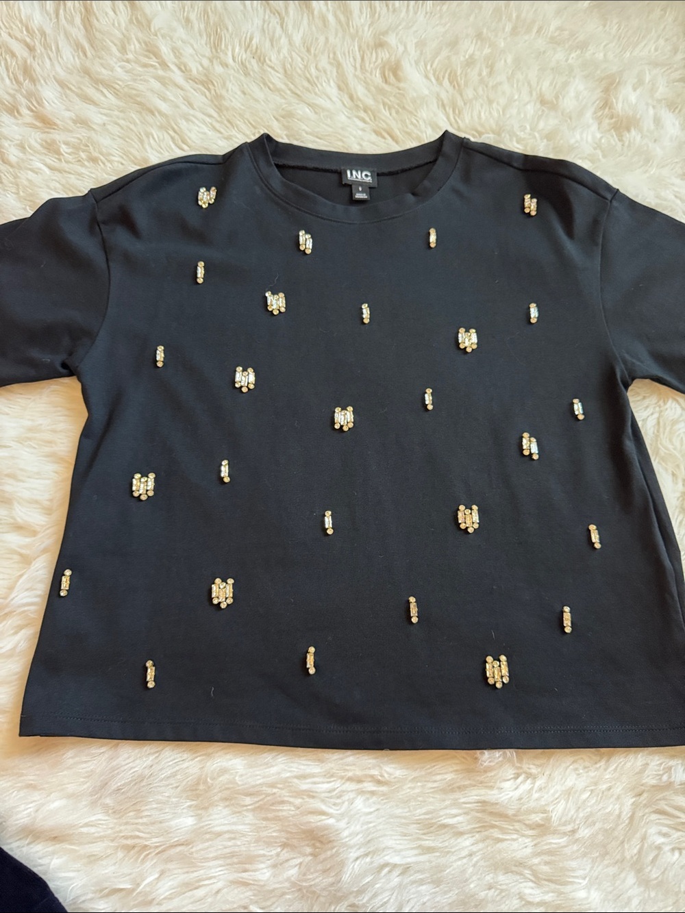 INC International Concepts Black Short Sleeve Tee with Gold Bead Embellishments